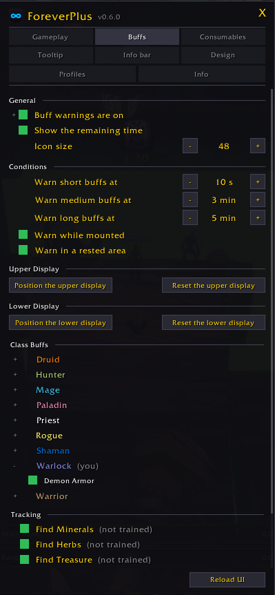 ForeverPlus buff reminder settings in the game client