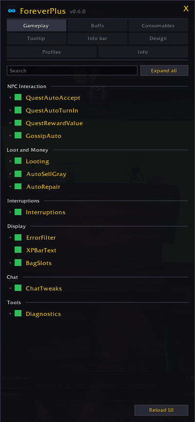 ForeverPlus in-game settings window showing its searchable gameplay modules