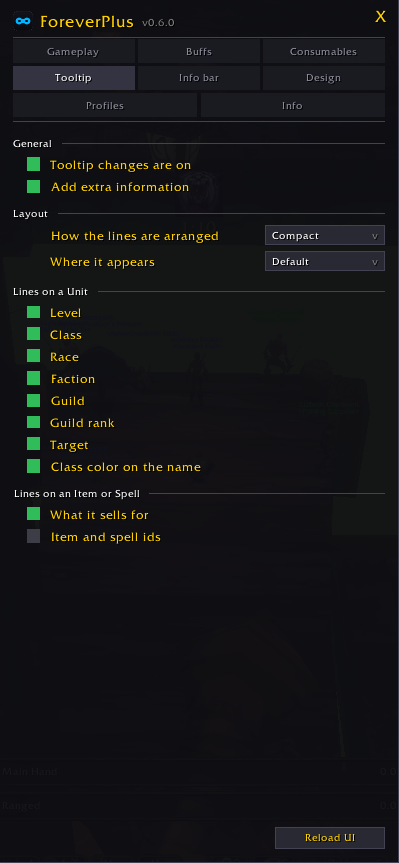 ForeverPlus tooltip settings in the game client