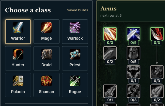 Warrior class selection and character level control