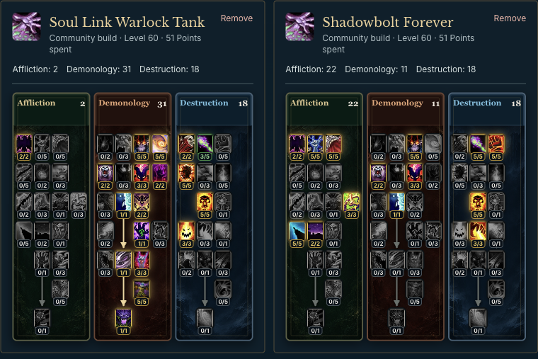 Soul Link Warlock Tank and Shadowbolt Forever talent trees side by side, with different Affliction and Demonology allocations.